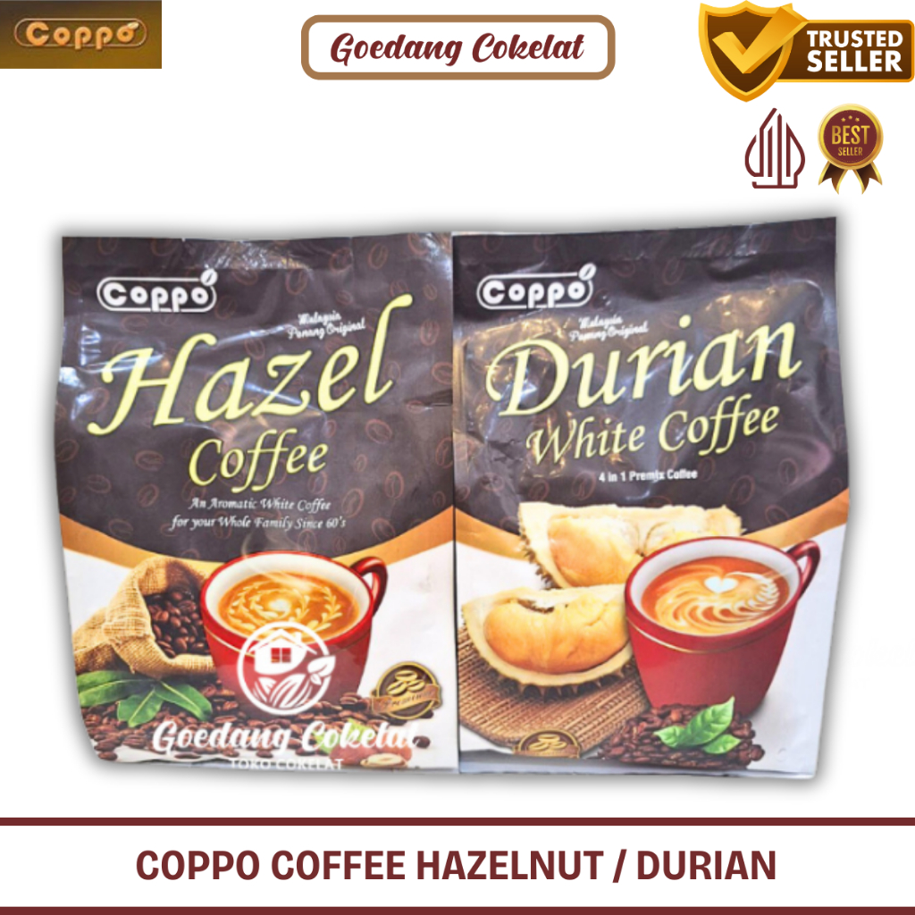 

COPPO DURIAN HAZELNUT HAZEL WHITE COFFEE 4in1 Premium Coffee Kopi Malaysia Penang Original 456g (isi 12's x 38g)