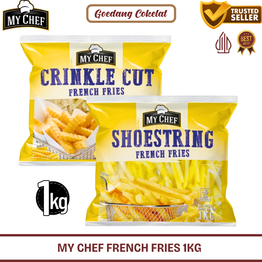 

Kentang Frozen 1kg My Chef French Fries Shoestring Crinkle Cut Straight Smiley Hasbrown Spicy Criss Cut Kemasan 1Kg