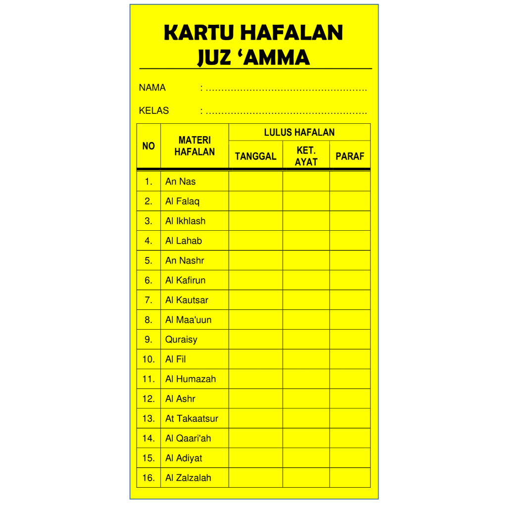 

Kartu Hafalan Juz Amma 37 Surat TPQ/RTQ/MADIN/TPA
