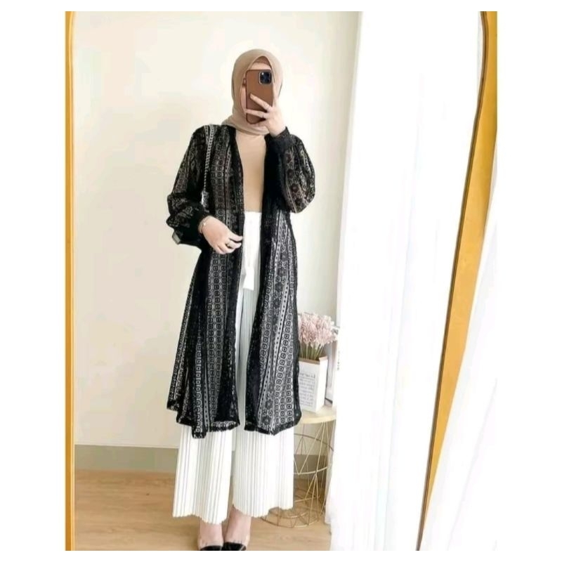 Cardigan Wanita Kekinian Long Outer Cardigan Brukat Balon Lengan Panjang .