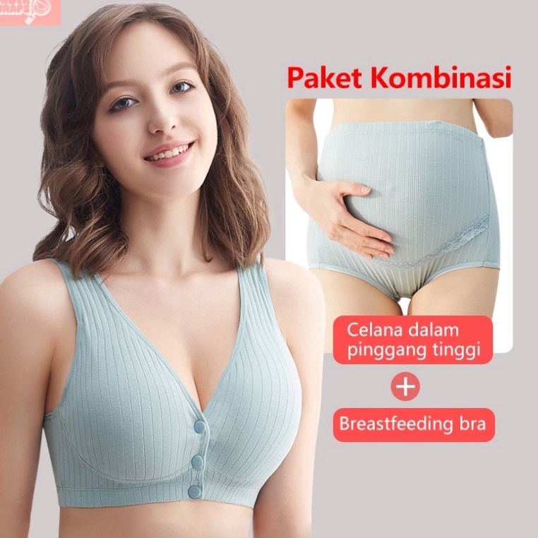 55HARGA BERSAHABAT Bra Menyusui Jumbo Kancing Depan Tanpa Kawat Katun Nursing Bra Set Pakaian Dalam 