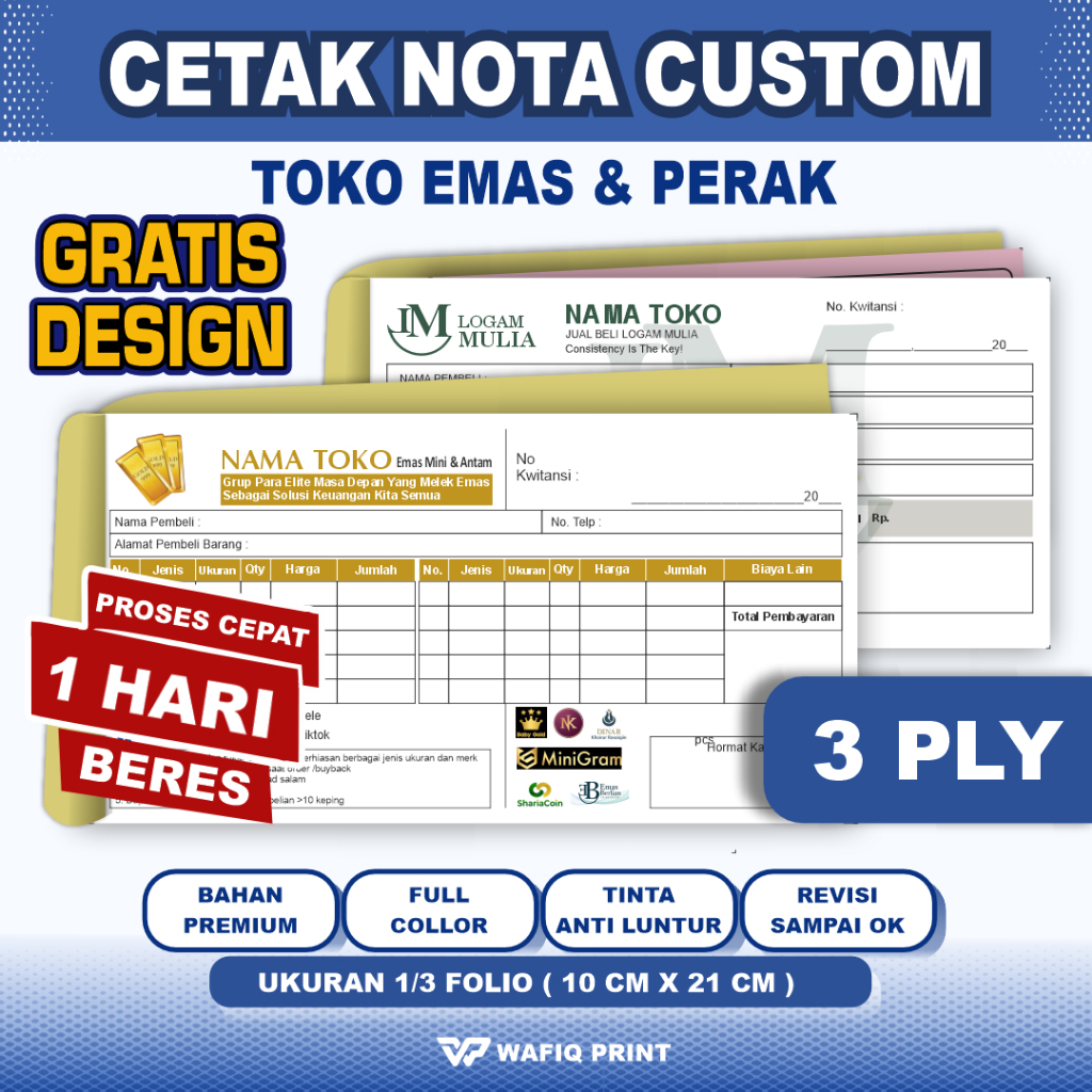 Nota Custom 3PLY Toko Emas logam mulia perak gratis design ukuran 1/3 Polio full Warna buku kwitansi