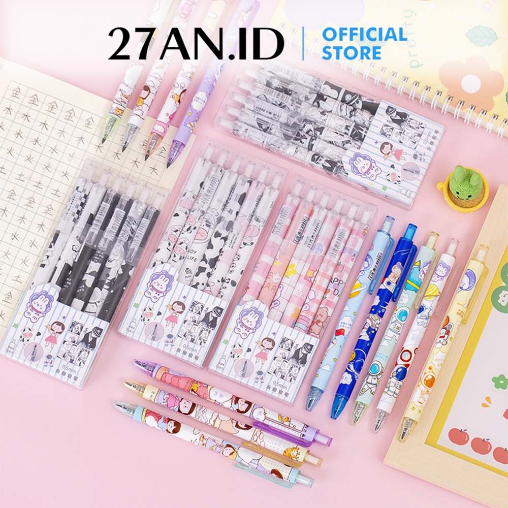 

(27AN.ID) Pulpen Set Karakter Lucu H643 Pulpen Mekanik isi 6pcs Bolpoin Gel