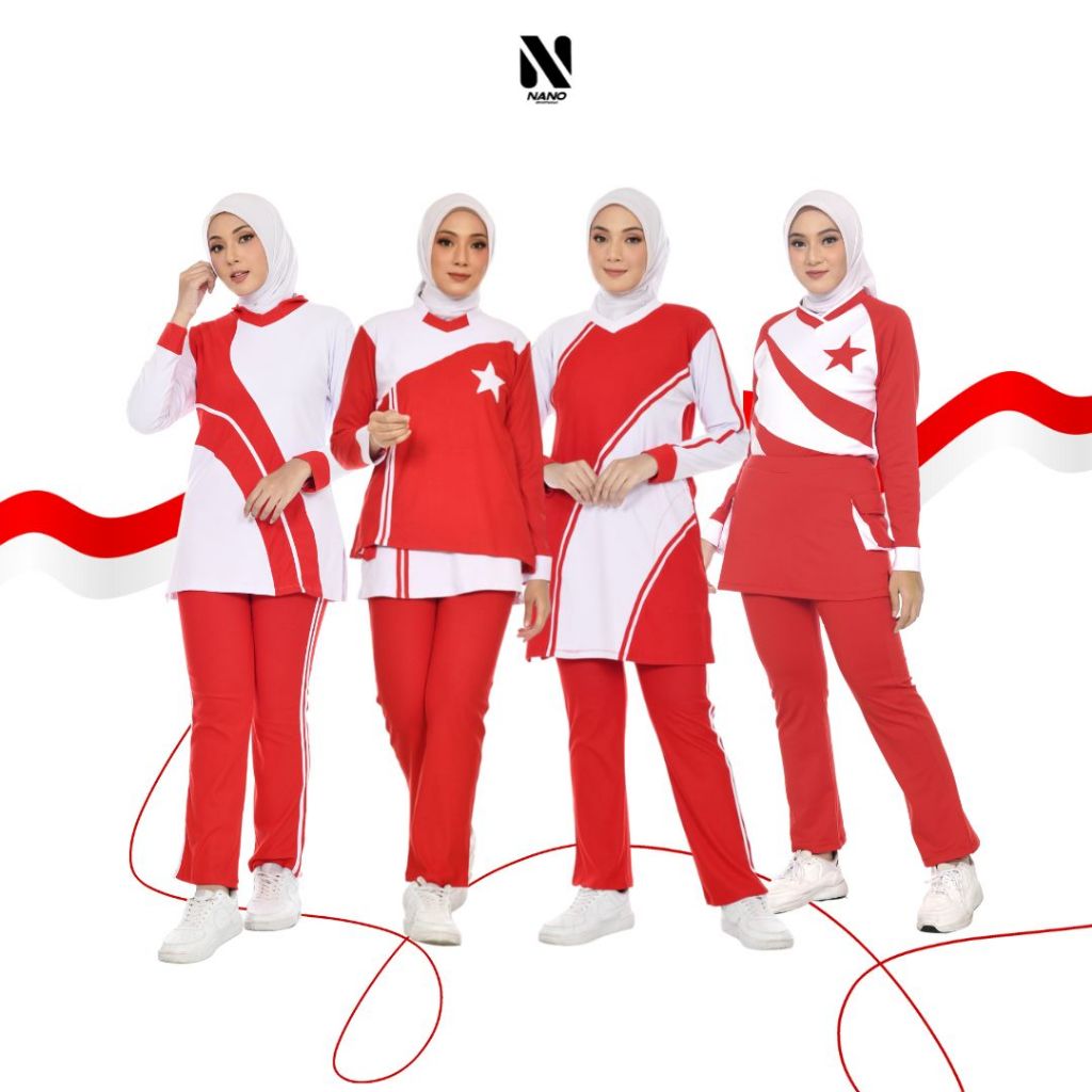 NANO SPORT || BAJU SENAM WANITA / SETELAN OLAHRAGA MERAH PUTIH