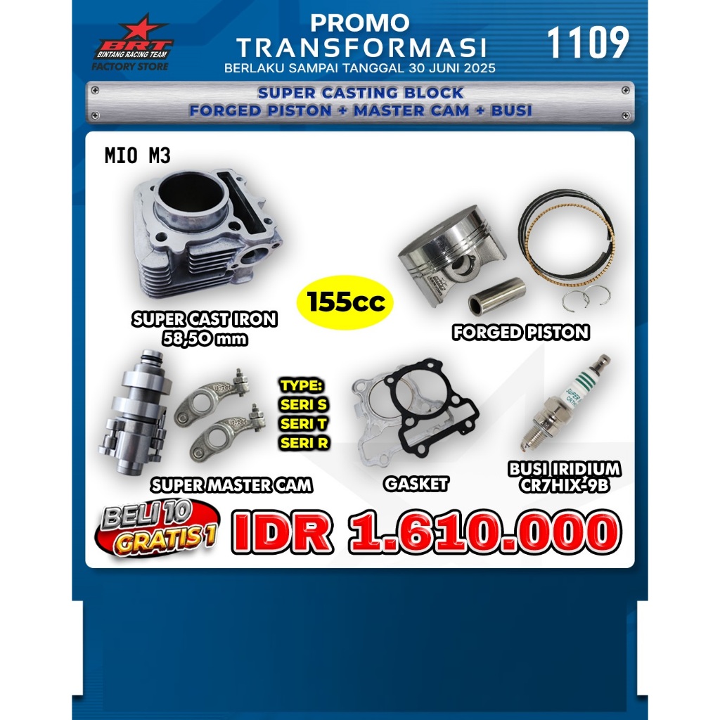 PAKET BLOK PISTON MASTERCAM ROCKER ARM BUSI IRIDIUM MIO M3/FINO 125/FAZZIO/FILANO BRT BINTANG RACING