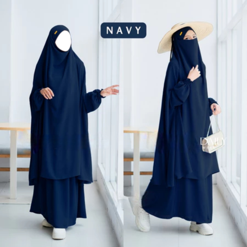 French Set Gamis Khimar Syari Navy – Bahan Dingin Lembut Jatuh Anti Kusut & UV Premium