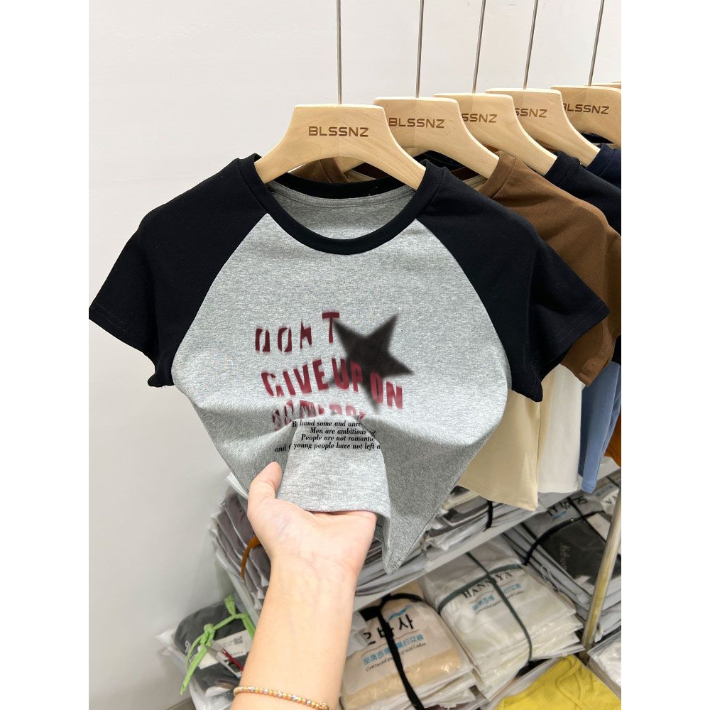 Misco Lengan Raglan Crop Top y2k Kaos Wanita Lengan Pendek Cetakan Huruf Retro Bintang Berujung Lima