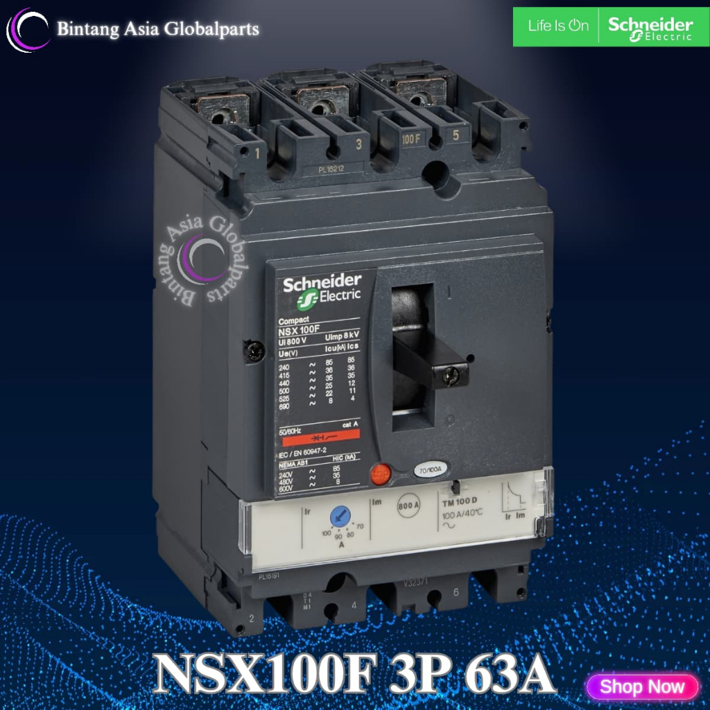 MCCB 3 Phase 63 Ampere Schneider LV429632 Original / MCCB 3p 63a 36kA NSX100F / Breaker 3 Pole 63a N