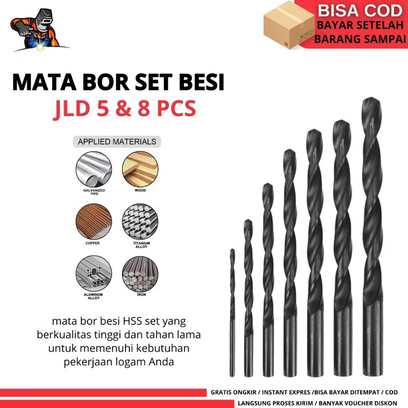 JLD Mata Bor Besi HSS Set 3-10mm Twist Drill Bits Mata Bor Pelubang Besi Tembok Beton Kecepatan Ting