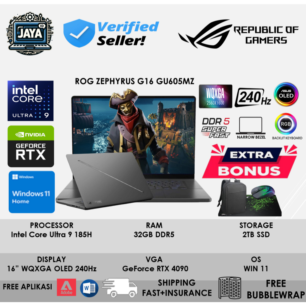 Laptop Asus Rog Zephyrus G16 GU605MZ Intel Core Ultra 9 185H 32GB DDR5 2TB RTX4090 WQXGA Oled 240HZ