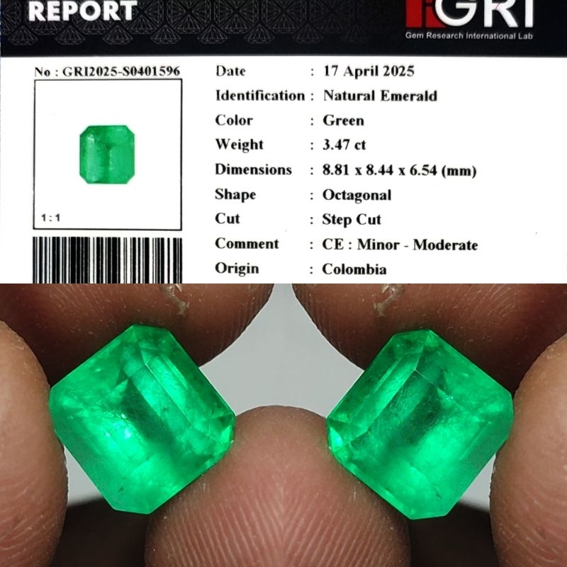 Natural Emerald Colombia Minor Zamrud Colombia Minor 3.4ct GRI Material Crystall Full Luster Gemeric