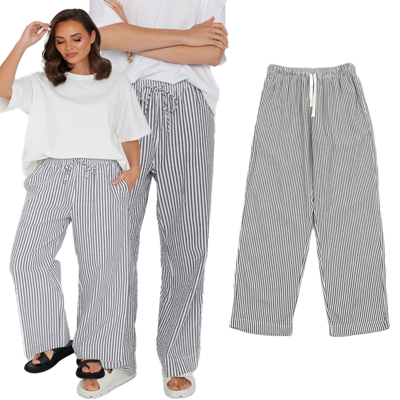 CELANA PANJANG WANITA KULOT PINGGANG KARET MOTIF GARIS GARIS