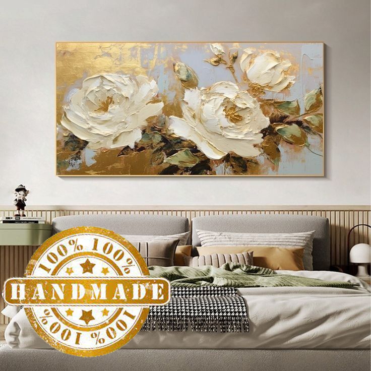 Lukisan Bunga Mawar Putih Dekoratif Cat Akrilik dan Tekstur / Timbul