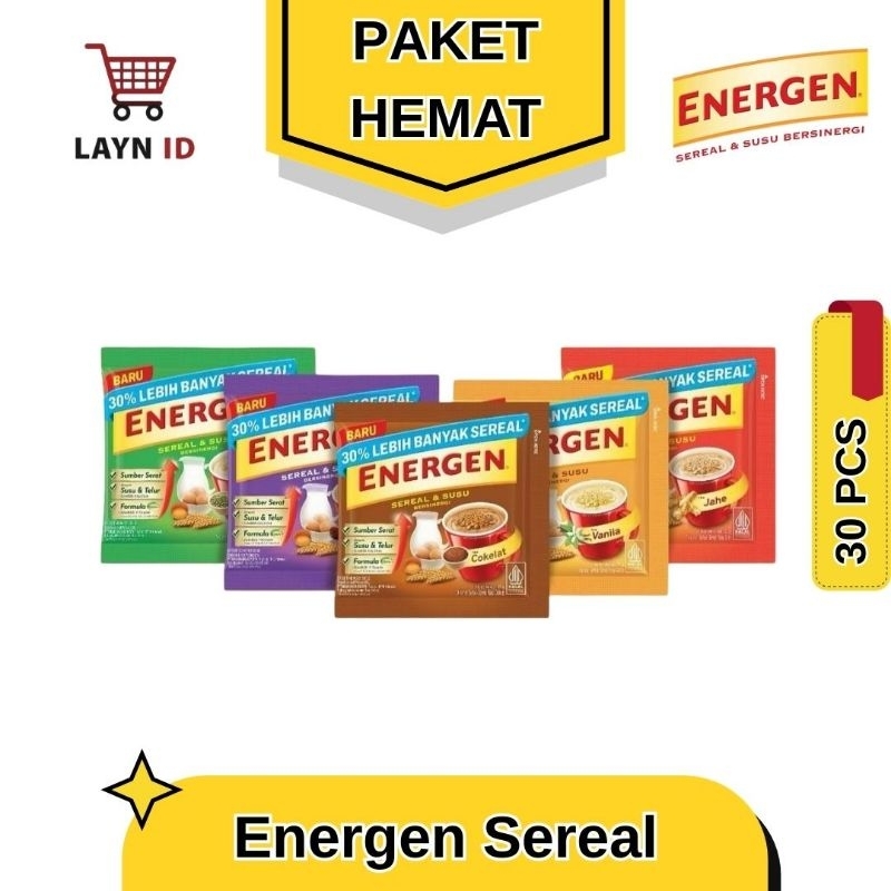 

Energen Sereal PAKET HEMAT 30 PCS - Rasa Cokelat, Vanila, Kacang Hijau, Jahe dan Kurma