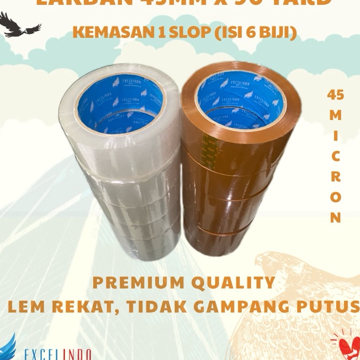 

Bisa Cod 1 SLOP6 BIJI GROSIR Lakban Bening Coklat 45mm x 9 YARD merk Excelindo PREMIUM QUALITY