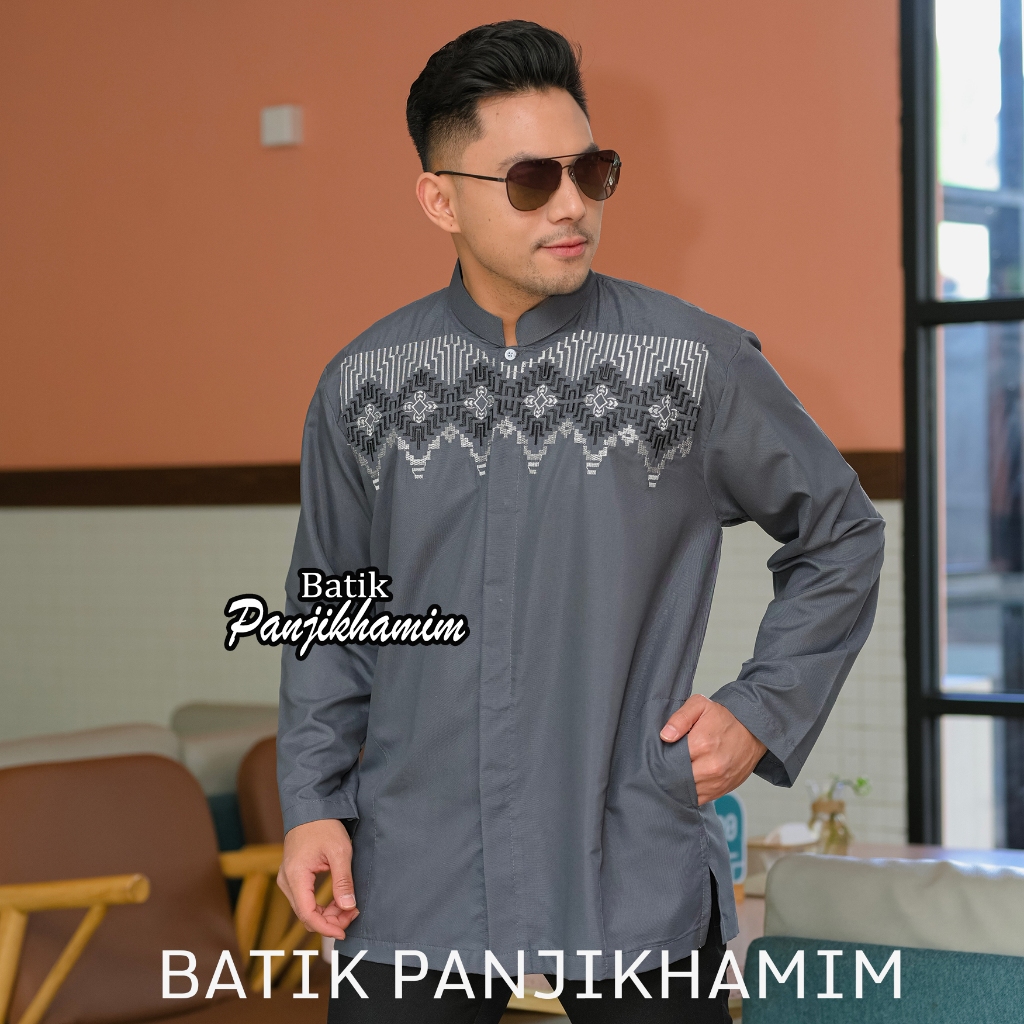 DISKON BAJU KOKO PRIA LENGAN PANJANG BORDIR WARNA ABU TUA PUTIH BIRU MUDA KATUN BUSANA MUSLIM DEWASA