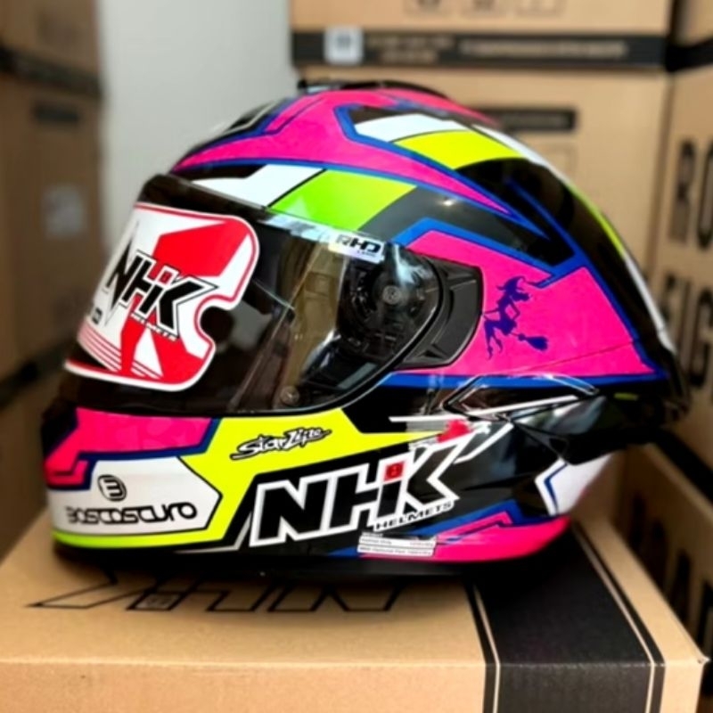 NHK MARK 1 ALONSO 6 BLACK PINK GLOSSY ORIGINAL | RHD LENS HELM FULL FACE MARK-1 MOTIF GP EDITION ORI