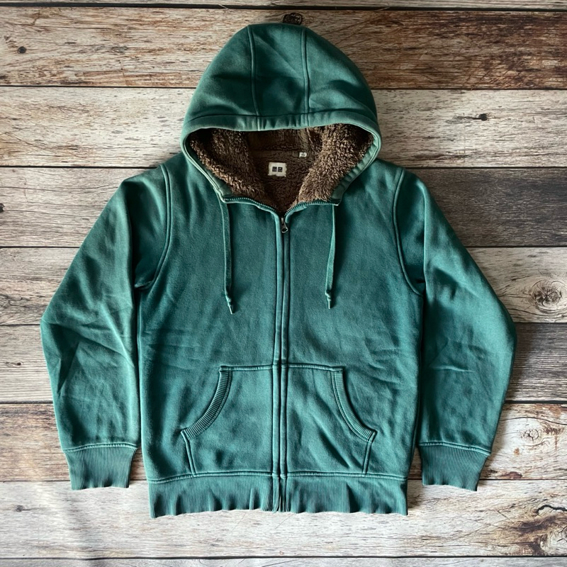 ZIP HOODIE UNIQLO SHERPA HIJAU GELAP | Zip Hoodie Uniqlo Sherpa Warna Hijau Gelap Second Original