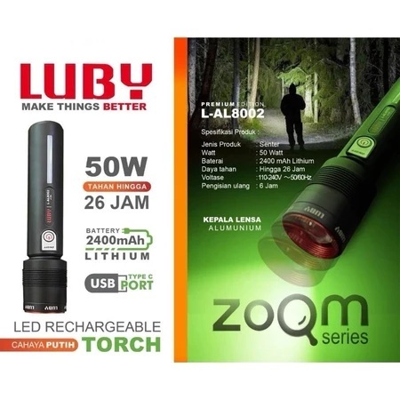 Senter Genggam Luby 50W Cahaya Putih Original L-AL8002 P REMIUM EDITION Senter Tangan Luby 50Watt