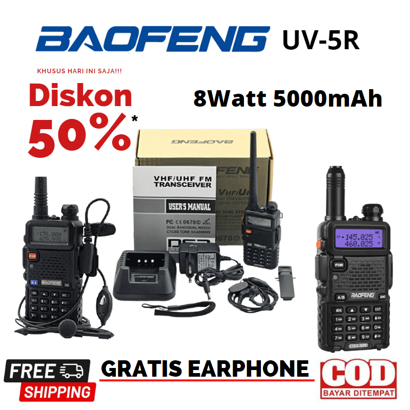 HT Baofeng UV-5R PLUS 8W 2800mAh Dual Band VHF - UHF Radio FM handy talkie jarak jauh 100km handy ta