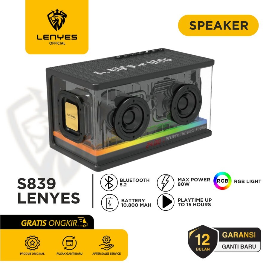Lenyes S839 Speaker Bluetooth Transparan RGB Light TWS Portable