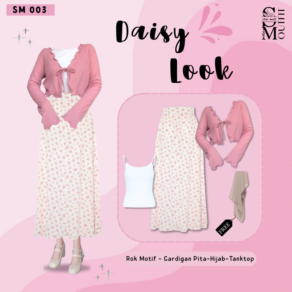 Set Daisy Look Stylish (Rok Motif, Cardigan Pita, Tanktop, FREE Hijab) Outfit Kekinian Wanita SM003