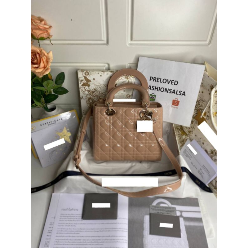 Preloved Medium Lady Dior Pink Nude Shiny Patent Cannage Lambskin