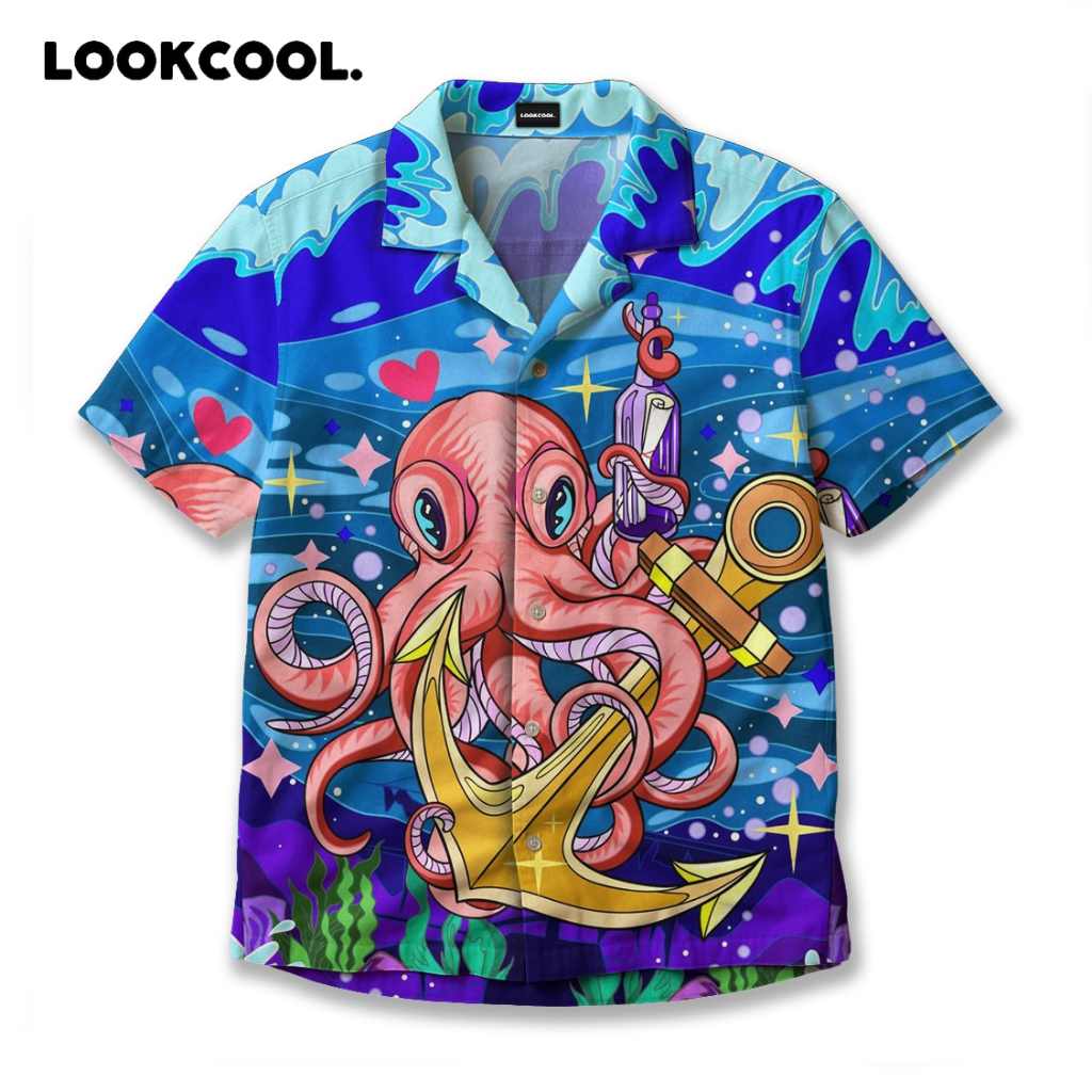 LOOKCOOL Kemeja Gurita dan Jangkar Kartun Unisex Motif Laut Warna Warni Full Printing