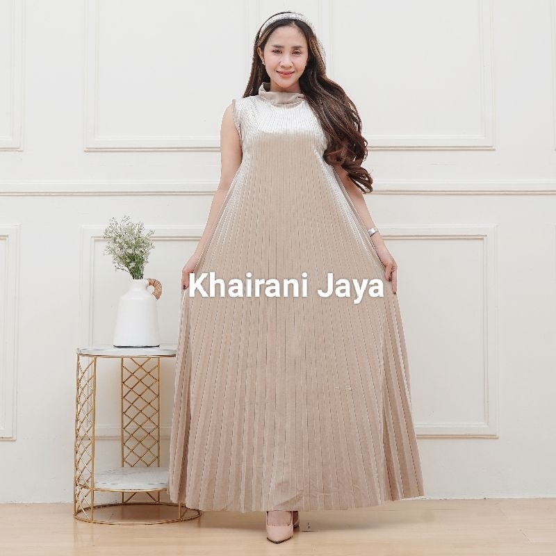 Dress Bludru Plisket Premium Inner tanpa Lengan Panjang
