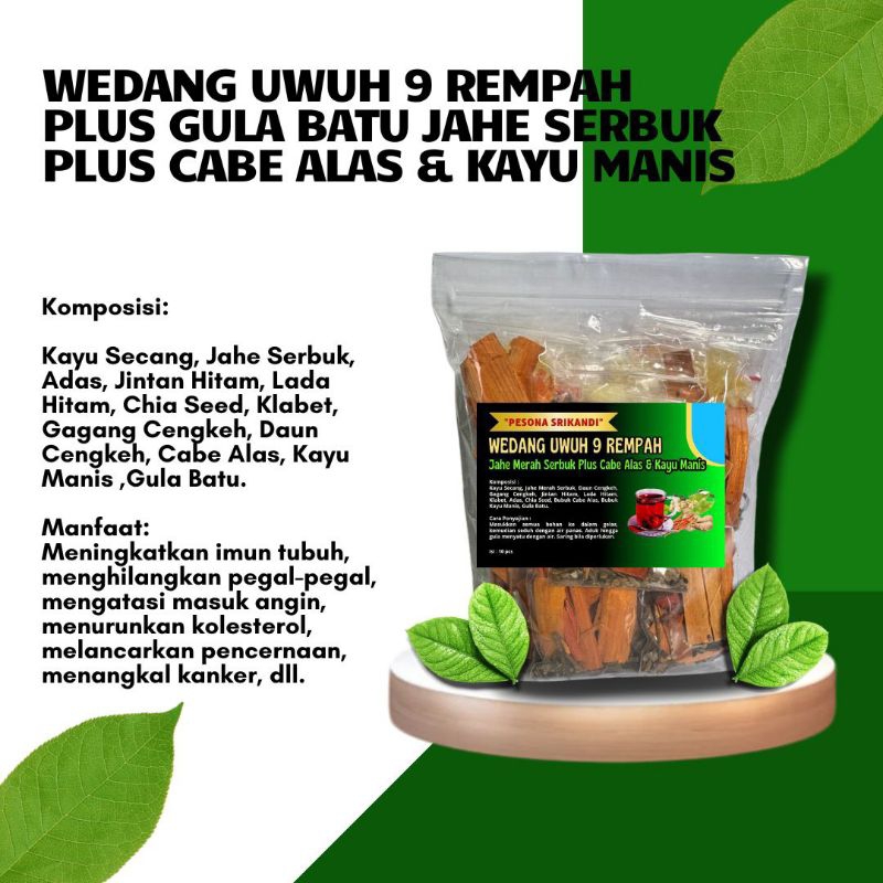 

1 PACK ISI 10 PCS WEDANG UWUH 9 REMPAH PLUS GULA BATU JAHE SERBUK PLUS CABE ALAS & KAYU MANIS