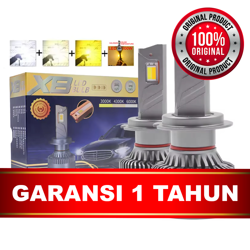 Lampu Bohlam LED Mobil Headlight X8 100 Watt 3 Warna Tri Color 6000K 4300K 3000K H4 H7 H11 HB4 HB3