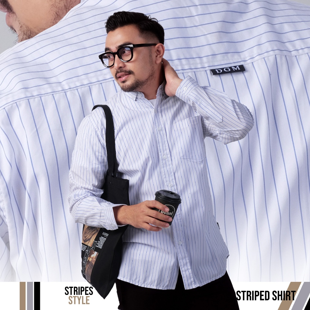 DGM Kemeja Pria Salur Lengan Panjang Premium Kemeja Stripe Pria Kemeja Garis Pria Slimfit Garis Biru