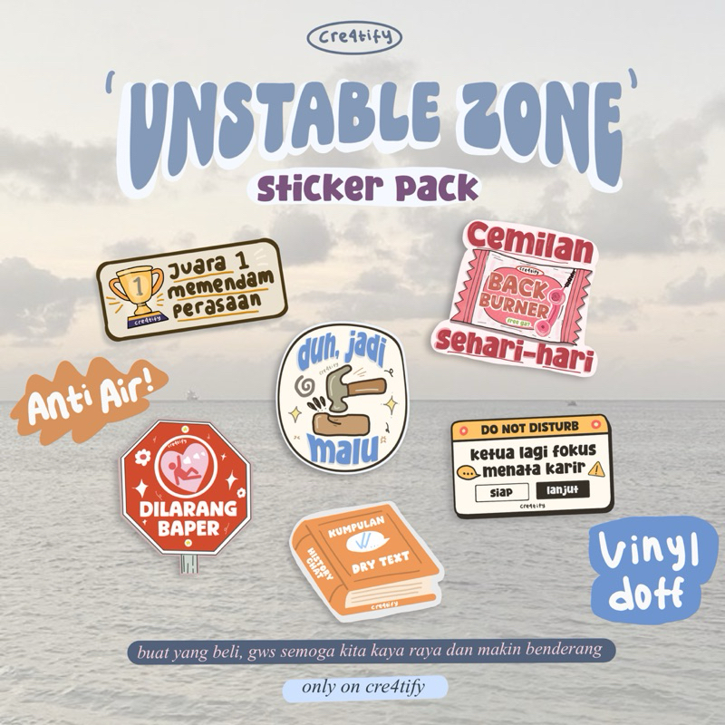 

Stiker Unstable Zone satuan lucu aesthetic waterproof vinyl hiasan helm laptop buku stationery by cre4tify