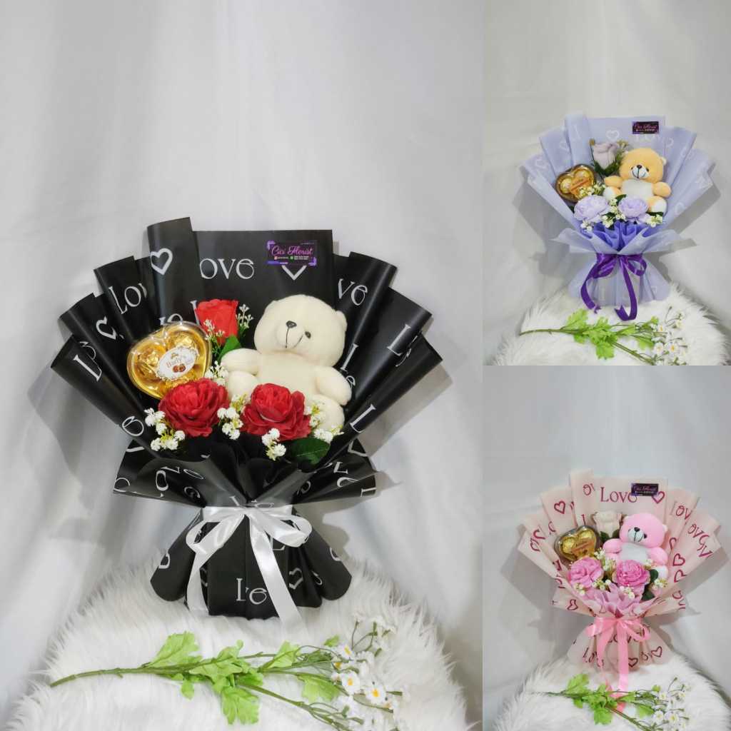 Buket Bunga + Boneka Bear + Coklat Barly's / Ailisha isi 3 pcs bentuk Love Buket Batam Romantis Lucu