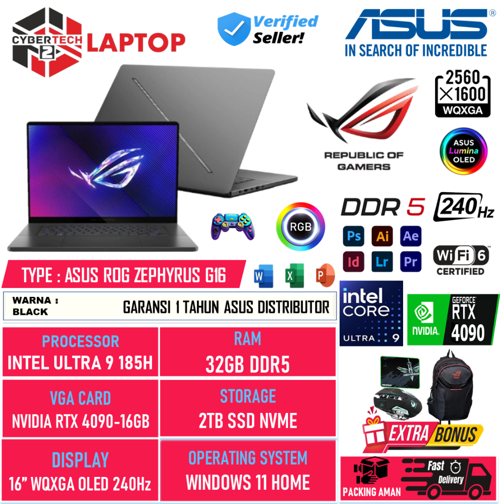 Laptop Gaming Asus ROG Zephyrus G16 Intel Ultra 9 185H 32GB DDR5 2TB RTX4090-16GB 16 inch Oled Win 1
