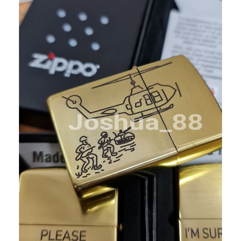 Zippo Custom Korek Api Ukir Vietnam Helicopter Gold