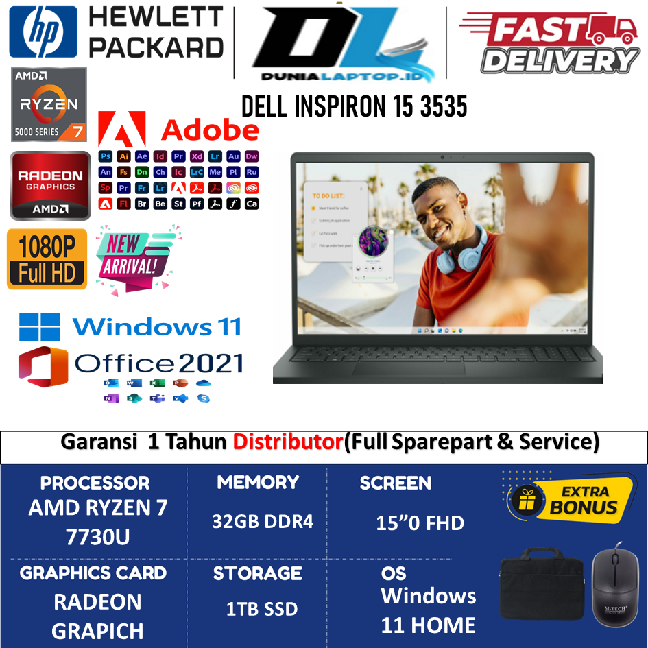 Laptop Editing Dell inspiron 15 3535 AMD Ryzen 7 7730U 32GB 1TB SSD Fhd Windows 11 Original Terbaru