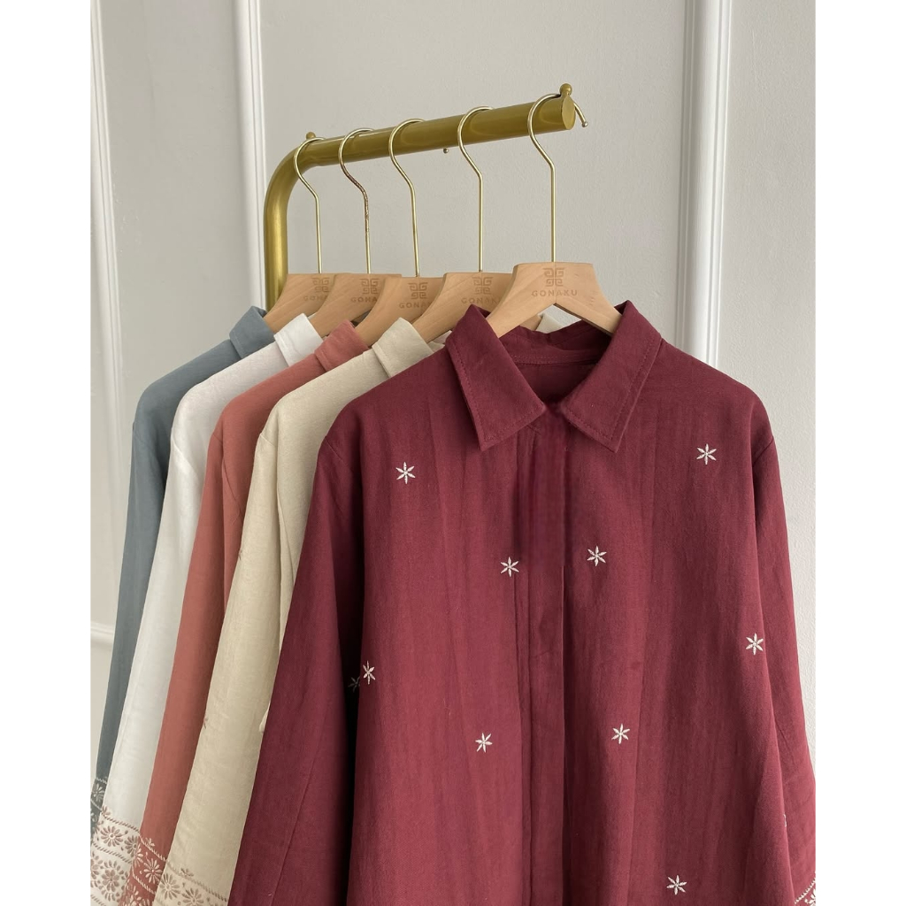 Aqiraa - Kemeja Wanita Bordir - Atasan Wanita Linen Bordir - Blouse Wanita Style Korea -  Baju Kerja