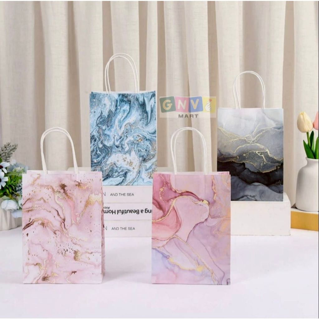 

GNV Paper Bag/ Goodie Bag untuk Souvenir/ Hadiah/ Kado Ultah Motif Marmer Warna-Warni