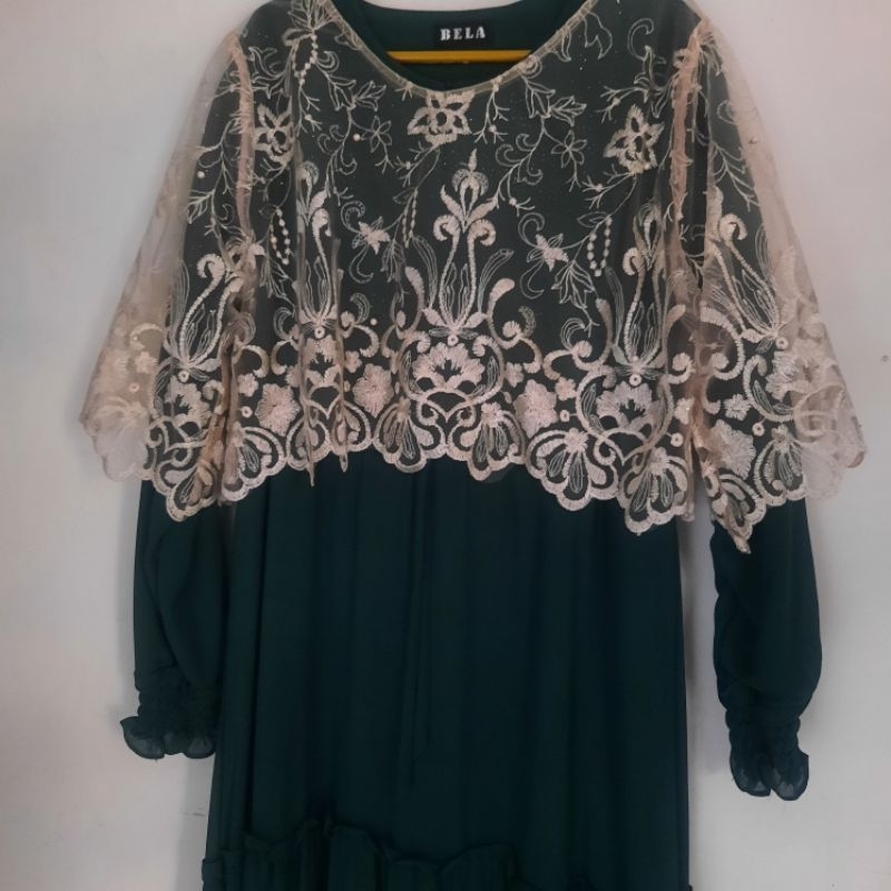 Gamis Outer Lace Brukat Cream Wanita Hijau Botol