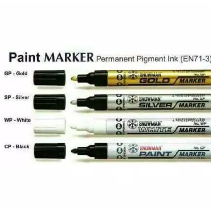 

Spidol Snowman Permanen Paint Marker SP-12 Tinta Silver WP-12 Tinta Putih GP-12 Tinta Emas Gold CP-12 Tinta Hitam Harga Satuan