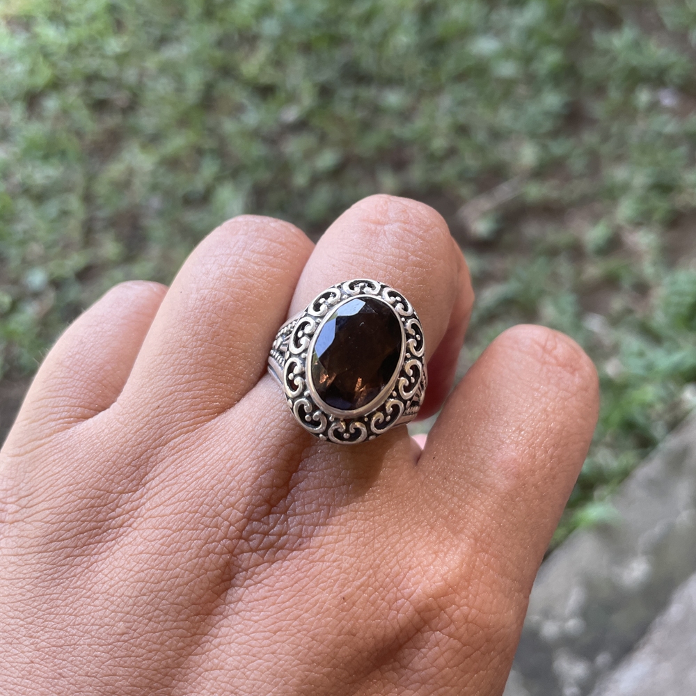 Cincin Ring Perak Silver Bali Asli 925 Batu Permata Natural Smoky Quartz Kecubung Teh Asap Ukir Hati