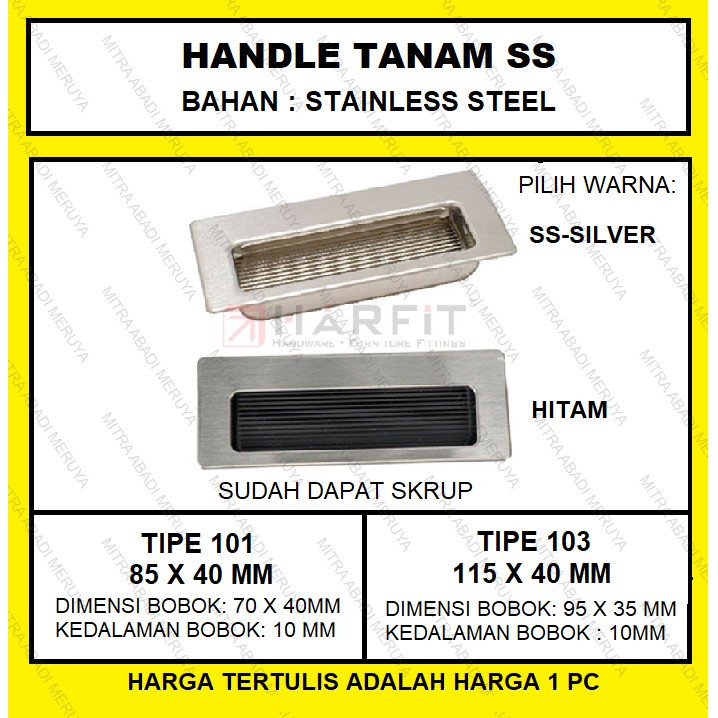 Handle Tanam Tarikan Lemari Silver Hitam Kotak Aluminium