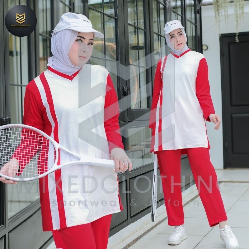 Ay00 Baju setelan olahraga muslim merah putih/setelan olahraga muslimah tunik wanita