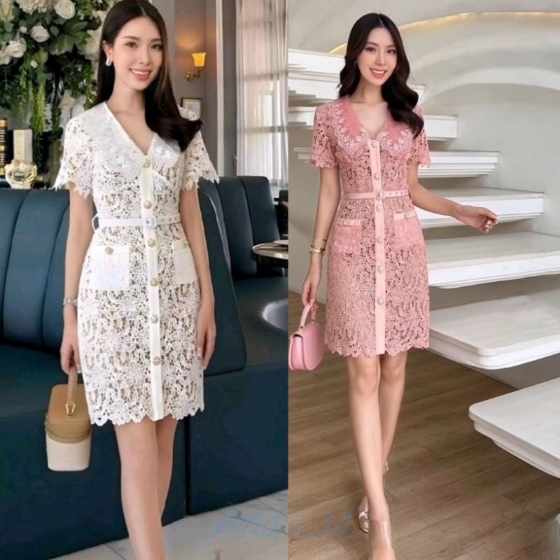 ruffle collar sleeve lace brukat dress midi pendek sister photoshoot europe paris gaun pesta wedding