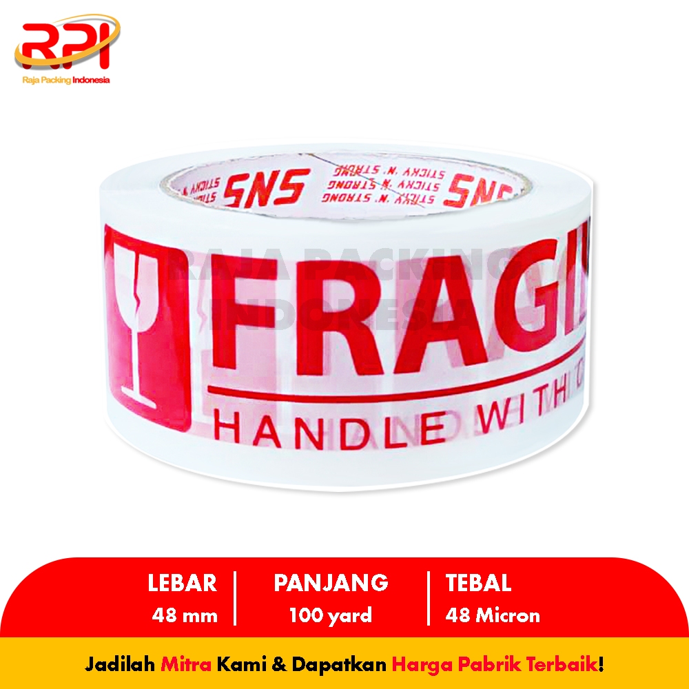 

Lakban Fragile 100 Yard x 48 Mm x 48 Mic Sticky N Strong (SNS) RAJA PACKING INDONESIA