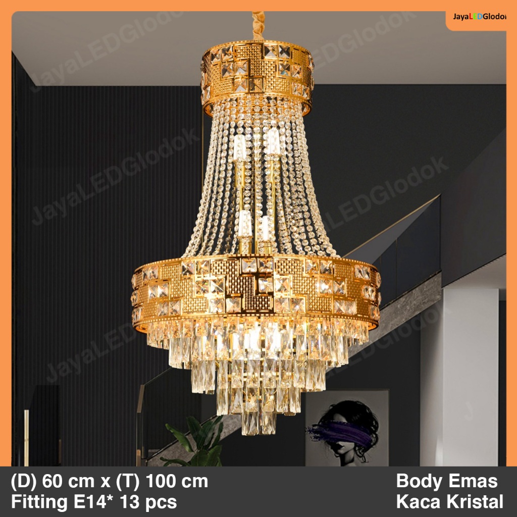 Lampu Gantung Kristal Minimalis Ruang Tamu High Ceiling Hias 60 cm