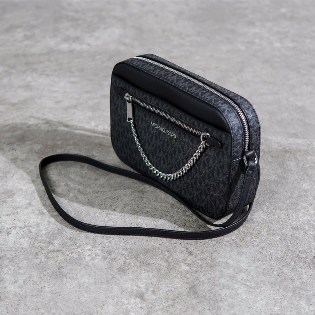 Tas MK MK MONOGRAM GREY BLACK CHAIN CAMERA BAG WITH LS 100% ORIGINAL