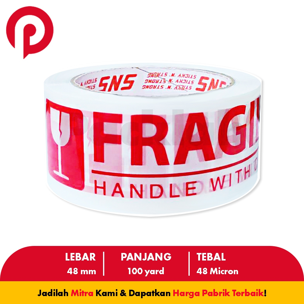 

Lakban Fragile Jangan dibanting Merah/Putih 100 Yard x 48 mm SNS (Sticky N Strong) PackLah