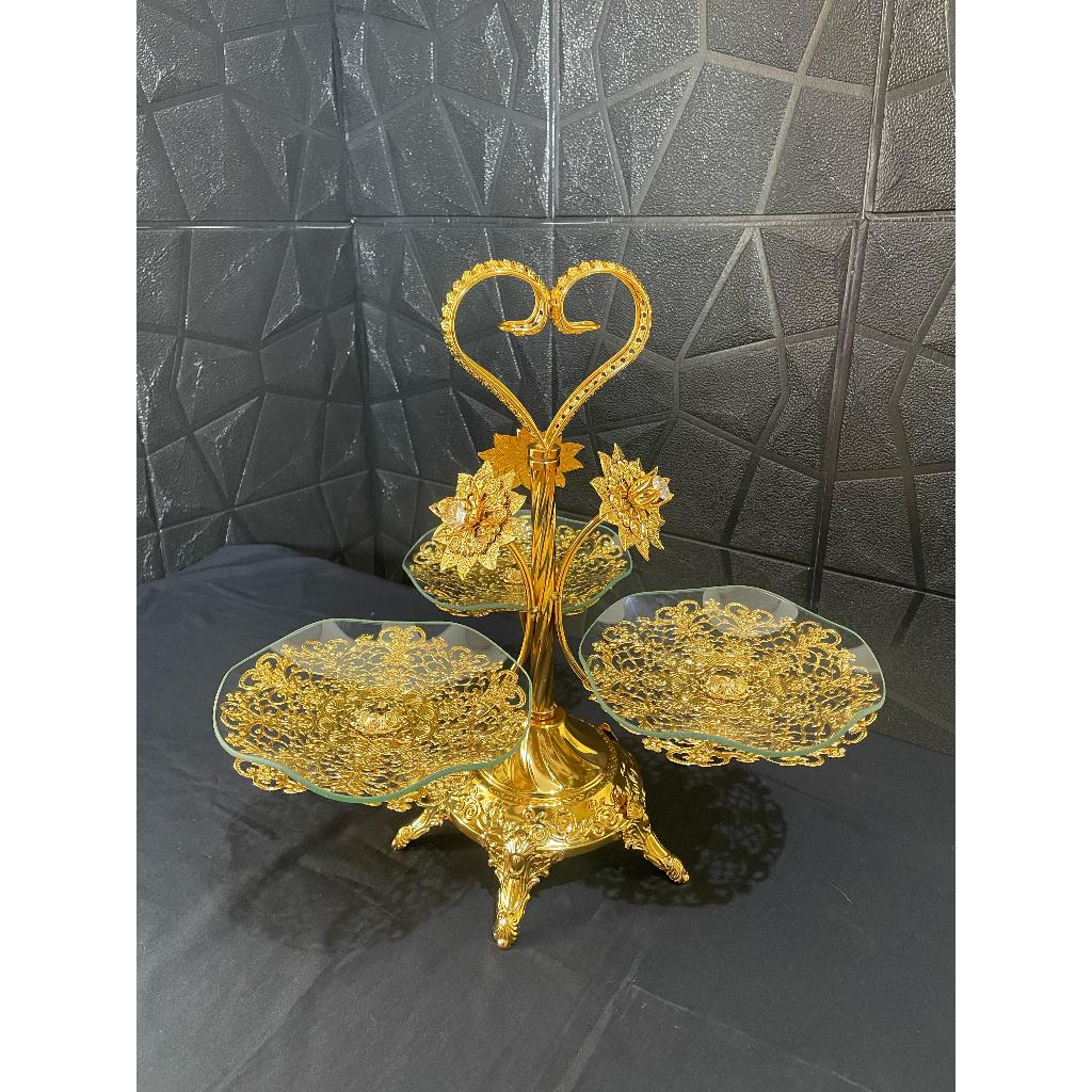 Tempat Kue/Buah Hias Mewah 3 Tingkat Bahan Logam Emas &Detail Ukiran Kaca